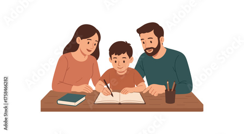 parents helping with homework family life flat vector illustration style isolated on white background