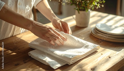 Woman folding linen napkins on a wooden table, preparing for a meal with fresh flowers in the background