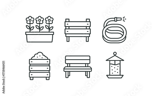simple outline stroke icon isolated on white background School Garden flower bed garden raised planter garden irrigation hose garden compost bin garden seating bench garden bird feeder