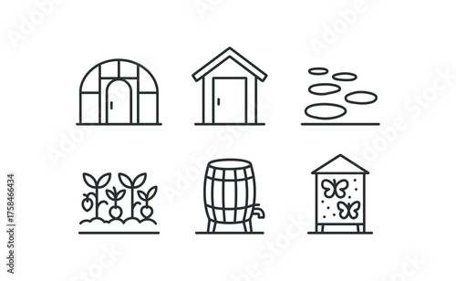 simple outline stroke icon isolated on white background garden greenhouse garden tool shed garden walkway gravel garden vegetable patch garden rain barrel garden butterfly habitat