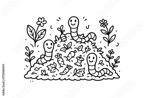 doodle illustration of compost heap with happy worms and plants clean black and white line art with slightly hand drawn strokes simple and lively style on white background