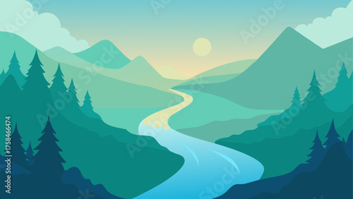 Illustration of a winding river through mountains and trees under a bright sky with a visible sun