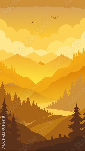 Golden landscape with mountains, trees, river, birds, and clouds in a warm, stylized, and layered design
