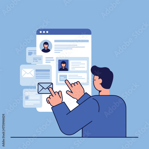 Person interacting with digital profiles, emails, and messages on a screen