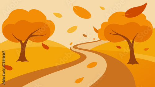 Autumnal landscape with winding road and trees with falling leaves in warm yellow and orange color palette