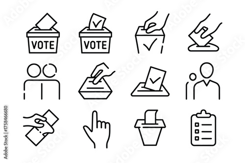 Set of twelve minimalist black and white voting and election icons vector eps scalable silhouette