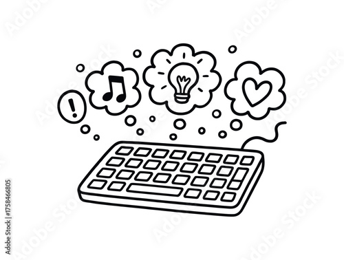 doodle illustration of keyboard with floating bubbles of inspiration clean black and white line art with slightly hand drawn strokes simple and lively style on white background