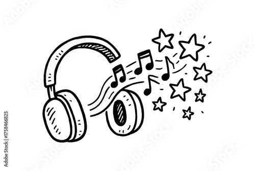 doodle illustration of headphones playing notes that turn into stars clean black and white line art with slightly hand drawn strokes simple and lively style on white background