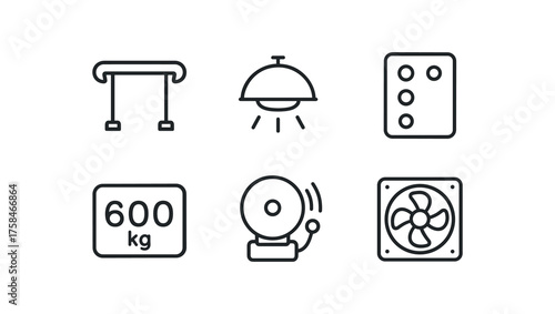 simple outline stroke icon isolated on white background elevator safety handrail elevator ceiling light elevator braille label elevator limit plaque elevator alarm bell elevator ventilation