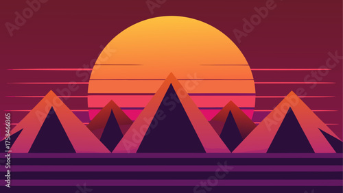 Retro sunset landscape with pyramids and horizontal lines in gradient colors design illustration