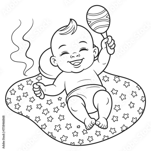 Scalable vector line art illustration of a joyful baby playing with a rattle silhouette