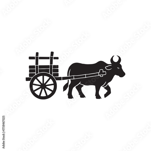 Traditional Bullock Cart Silhouette Vector Illustration on White Background