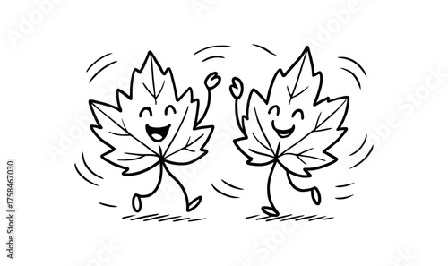 doodle illustration of two leaves dancing together the breeze clean black and white line art with slightly hand drawn strokes simple and lively style on white background