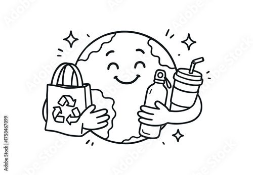 doodle illustration of cheerful planet hugging reusable items clean black and white line art with slightly hand drawn strokes simple and lively style on white background