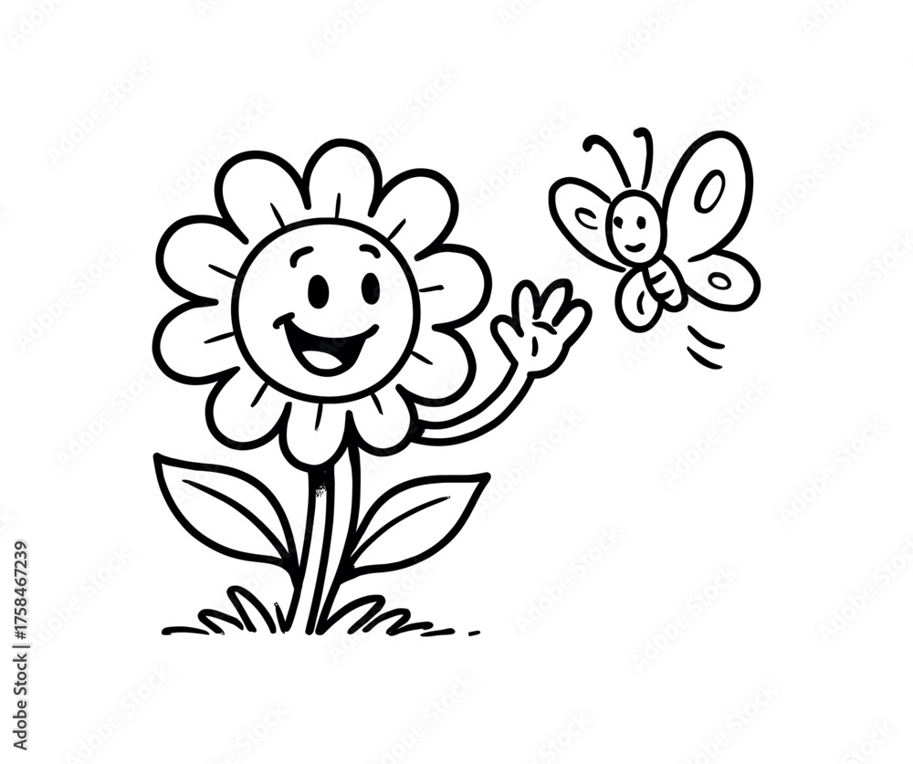 Obraz premium doodle illustration of flower waving to the butterfly flying by clean black and white line art with slightly hand drawn strokes simple and lively style on white background