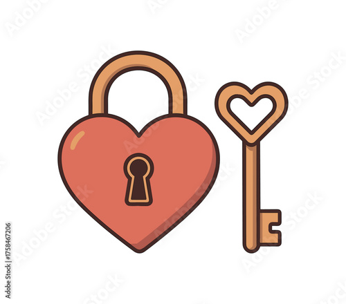 heart lock and key love flat vector illustration style isolated on white background