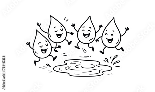 doodle illustration of raindrops dancing above small puddle clean black and white line art with slightly hand drawn strokes simple and lively style on white background