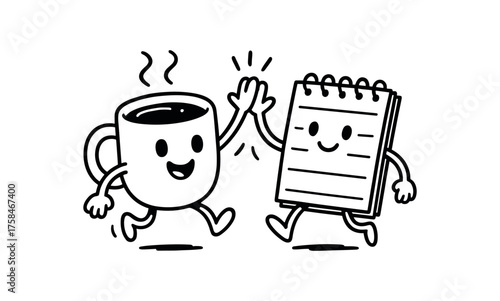 doodle illustration of coffee mug giving high five to notepad clean black and white line art with slightly hand drawn strokes simple and lively style on white background