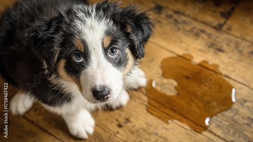 Dog Potty Training. Small Mutt Puppy Looking Guilty Near Puddle Indoors