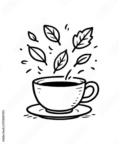 doodle illustration of leaves falling gently into teacup clean black and white line art with slightly hand drawn strokes simple and lively style on white background