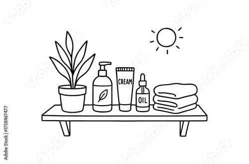 doodle illustration of minimalist bathroom shelf with natural cosmetics clean black and white line art with slightly hand drawn strokes clean sustainable lifestyle style on white background