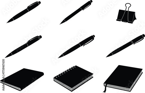 Silhouette, office supplies, pen, notebook, binder clip, journal, stationery, black icons, school tools, writing equipment, minimal, isolated, vector, flat, graphic