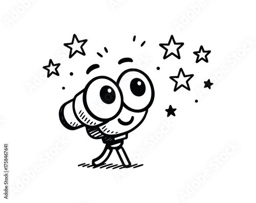 doodle illustration of binoculars looking at stars with wonder clean black and white line art with slightly hand drawn strokes simple and lively style on white background