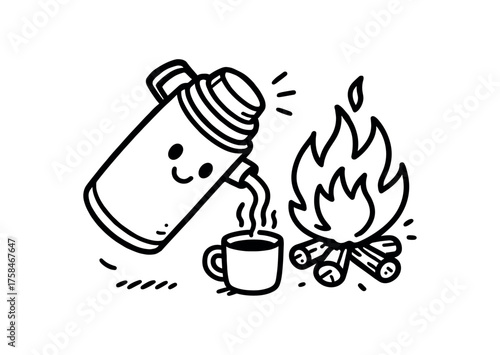 doodle illustration of thermos pouring warmth into cup beside campfire clean black and white line art with slightly hand drawn strokes simple and lively style on white background