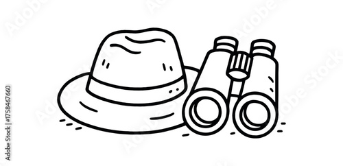 doodle illustration of traveler hat sitting beside binoculars clean black and white line art with slightly hand drawn strokes simple and lively style on white background