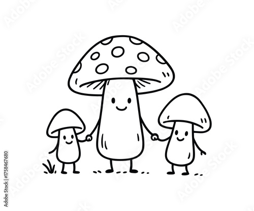 doodle illustration of mushroom with an umbrella leaf above it clean black and white line art with slightly hand drawn strokes simple and lively style on white background doodle