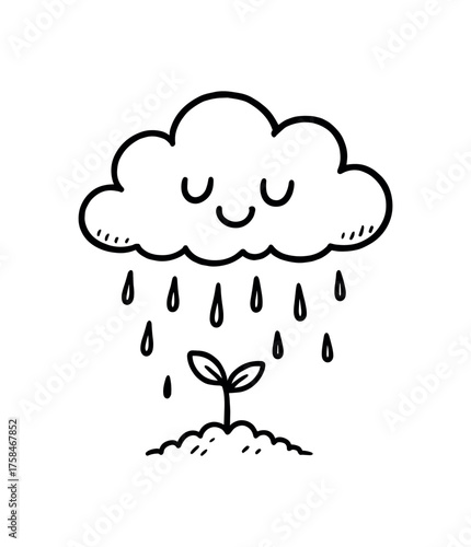 doodle illustration of cloud raining gently on tiny sprout clean black and white line art with slightly hand drawn strokes simple and lively style on white background