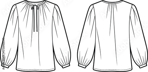 Gathered blouse, technical flat sketch, fashion CAD drawing, front and back view, round neckline, keyhole opening, tie string, voluminous sleeves