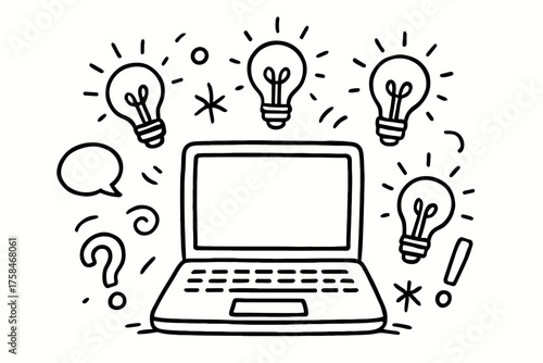 doodle illustration of laptop surrounded by floating idea icons clean black and white line art with slightly hand drawn strokes simple and lively style on white background