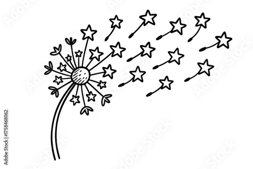 doodle illustration of dandelion blowing its seeds shaped like stars clean black and white line art with slightly hand drawn strokes simple and lively style on white background