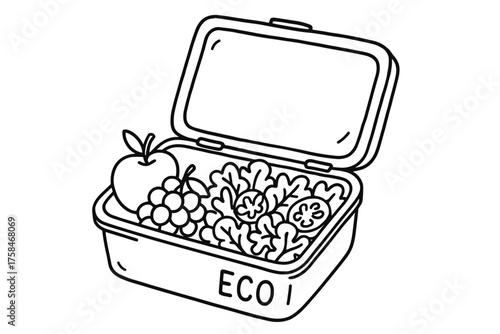 doodle illustration of an open reusable lunch box with salad and fruits inside clean black and white line art with slightly hand drawn strokes minimalist eco style on white background