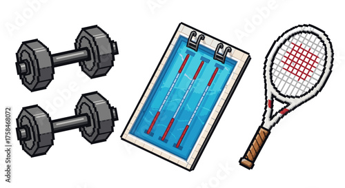 Vector  illustration featuring dumbbells, a swimming pool diagram, and a tennis racket side by side