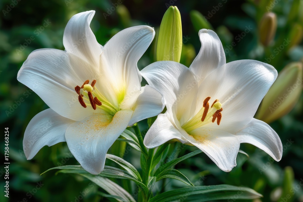 Fototapeta premium Easter Lillies. Beautiful White Lily Bouquet Blooming in Garden