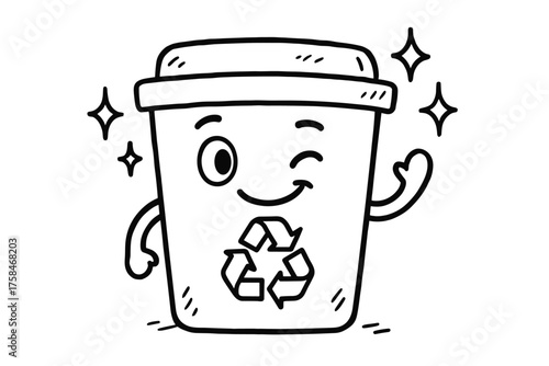 doodle illustration of recycling bin winking with sparkles around clean black and white line art with slightly hand drawn strokes simple and lively style on white background