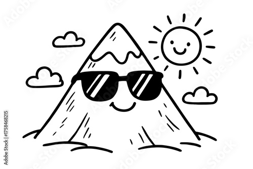 doodle illustration of mountain wearing sunglasses under the sun clean black and white line art with slightly hand drawn strokes simple and lively style on white background