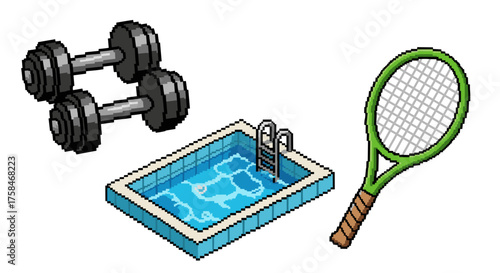 Vector  isometric pixel art showcasing dumbbells, a swimming pool, and a tennis racket on a plain surface