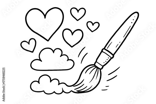 doodle illustration of paintbrush painting clouds shaped like hearts clean black and white line art with slightly hand drawn strokes simple and lively style on white background