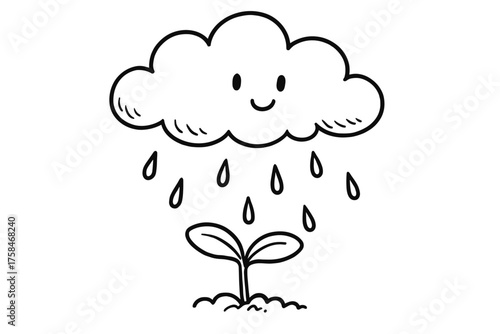 doodle illustration of cloud raining gently on tiny sprout clean black and white line art with slightly hand drawn strokes simple and lively style on white background