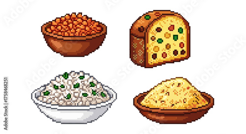 Vector  pixelated bowls containing lentils, rice with herbs, grated cheese, and fruitcake slice displayed
