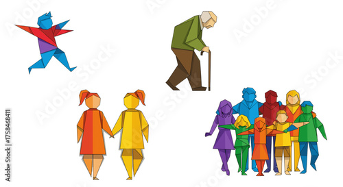 Vector  stylized origami illustrations of diverse individuals and groups in various poses and activities