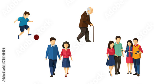 Vector  illustration showing people of different ages and relationships engaged in various activities