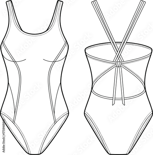 One-piece swimsuit, technical flat sketch, fashion CAD drawing, front and back view, scoop neckline, cross straps, back cutout, contour seams