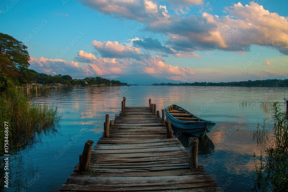 Naklejka premium El Remate Guatemala. Sunset at The Dock with a View of the Water and Sky