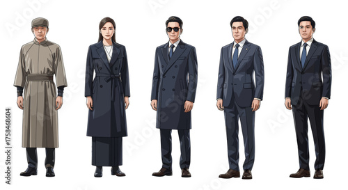Vector  five figures standing in formal attire including suits and overcoats in a row formation pose