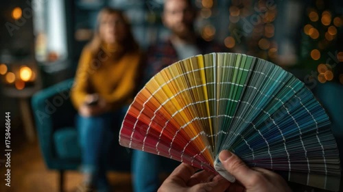 Color Palette Selection with Couple in Background in Cozy Home Setting, Showcasing Design Choices and Creative Inspiration for Interior Spaces