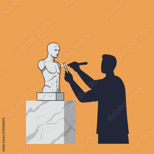 Silhouette of a sculptor chiseling a marble torso on an orange background